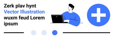 Kalın bir tıbbi haç simgesinin yanında dizüstü bilgisayarda yazan bir adam. Yanında da metin satırları ve dairesel aksanlar var. Sağlık, teknoloji, teletıp, uzak çalışma, sağlık, UI modellemeleri için ideal.