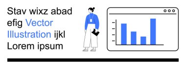 Veri analizi, profesyonel büyüme, iş eğilimleri, işyeri yönetimi, kurumsal strateji, istatistiksel içgörüler. Bir kadın tarayıcı penceresinde mavi bir çubuk grafiğinin yanında duruyor. Veri analizi
