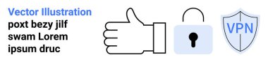 Siber güvenlik, çevrimiçi gizlilik, VPN hizmetleri, güvenli tarama, veri koruması, internet güvenliği. Baş parmak, kilit ve VPN kalkanı. Siber güvenlik ve çevrimiçi gizlilik kavramları