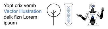 Yapay zeka, genetik araştırma, yenilik, robot bilimi, çevre bilimi, biyoteknoloji. DNA ipliği ve ağaç sembolünün yanında bir robot. Yapay zeka ve genetik araştırma