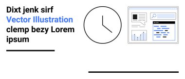 Zaman yönetimi, verimlilik, dijital araçlar, analitik, programlama, organizasyon. Grafikler ve arama simgeleriyle birlikte dijital arayüzün yanındaki saat simgesi. Zaman yönetimi ve üretkenlik kavramları
