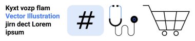 metadata tag, stethoscope, and shopping cart in a minimal style representing technology, social media, healthcare, and retail. Ideal for marketing, innovation, communication commerce education