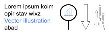 İş stratejisi, veri görselleştirme, piyasa araştırması, büyüme analizi, karar verme, trend izleme. Büyüteç bir grafiğe odaklanıyor, oklar yükseliyor ve düşüyor. Pazar araştırması