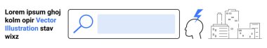 Arama araçları, online araştırma, problem çözme, yenilik, dijital iletişim, şehir planlaması. Arama barında bir büyüteç, üzerinde yıldırım şehir çizgisi olan bir kafa. Arama araçları