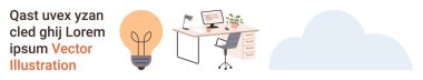 Yaratıcılık, üretkenlik, çalışma alanı tasarımı, uzaktan çalışma, yenilik ve bulut hesaplama. Yanında bilgisayar, lamba ve bulut olan bir masa. Yaratıcılık ve verimlilik çizimi