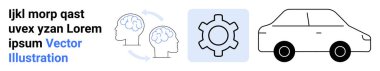 Beyin simgeli insan kafaları, dişli mekanizması ve bir araba taslağı. Eğitim, teknoloji, yenilik, takım çalışması, problem çözme, yaratıcılık ve basit iniş sayfası için ideal