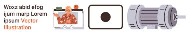 Çevrimiçi iletişim, makine, video konferans, elektrik mühendisliği, tasarım unsurları, sanal etkileşim. Video çağrısı, dairesel simge ve elektrikli motor illüstrasyondaki yaşlı kişi