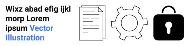 Metin bloğu, belge simgesi, işlem için teçhizat ve güvenlik için asma kilit. Veri güvenliği, iş akışı, işlem yönetimi, gizlilik politikası, şifreleme teknik düzenlemeleri için ideal basit iniş sayfası