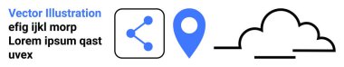 Social media, geolocation, communication networks, cloud storage, navigation systems, digital interconnectivity. Blue location marker, share symbol and cloud outline. Social media and geolocation