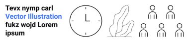 Zaman yönetimi, takım çalışması, doğa, programlama, dijital platformlar, takım işbirliği. Minimalist saat, soyut bitki insan simgeleri grubu. Zaman yönetimi ve takım çalışması kavramları