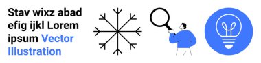Yenilik, problem çözme, yaratıcılık, araştırma, analiz, tasarım kavramları. Minimalist kar tanesi, bir insan figürü ve ampullü büyüteç. Yenilik ve problem çözme görselleri