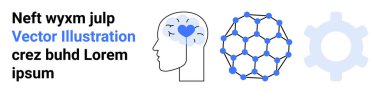 Healthcare, innovation, emotional intelligence, technical development, neural networks, teamwork. A human brain with a heart, a molecular structure and a gear icon. Healthcare and innovation