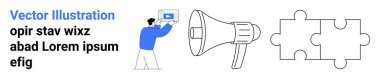 Medya ekranı tutan bir adam, duyuruları sembolize eden bir megafon ve takım çalışmasını simgeleyen yapboz parçaları. Medya tanıtımı, pazarlama stratejisi, işbirliği, iletişim, takım çalışması için ideal