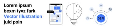Finansal teknoloji, engelleme zinciri çözümleri, DeFi yenilikleri, kullanıcı arayüzü, kripto yatırımı, fütüristik finans. Mobil uygulama düzeni, ampul illüstrasyonu merkezi olmayan finans. Finansal