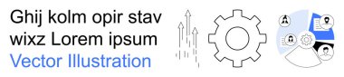İş planlaması, iş akışı, veri analizi, takım çalışması, yenilik ve teknoloji. Görüntü dişlileri, yükselen okları ve profil simgelerini gösteriyor. İş planlaması ve iş akışı odağı
