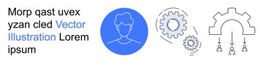 Workflow, teamwork, automation, process optimization, digital solutions, system development. A profile icon, gears and a process diagram. Workflow and teamwork concepts