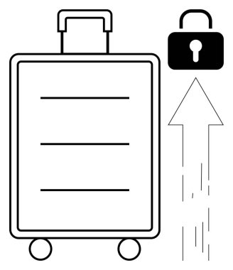 Seyahat güvenliği, güvenli bagajlar, havaalanı güvenliği, bagaj koruması, turizm gereksinimleri, güvenli ulaşım. Bagaj taslağı, kilit ve yukarı doğru ok. Seyahat güvenliği ve güvenli bagaj konsepti