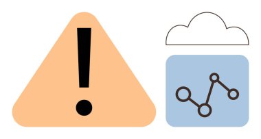 Veri güvenliği, depolama izleme, analitik, bulut teknolojisi, uyarılar, alarmlar. Sarı uyarı üçgeni, bir bulut simgesi çizelim. Veri güvenliği ve depolama izleme kavramı