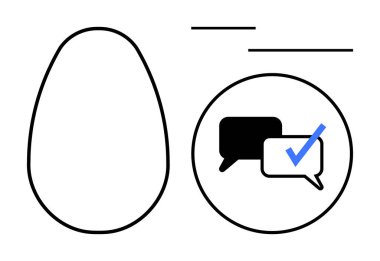 Ana hatları, siyah beyaz konuşma baloncukları ve işaretli daireler. Mesajlaşma, iletişim, sohbet, onay, işbirliği, geri bildirim doğrulaması için ideal. En basit düz metafor