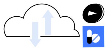 Bulut iletişimi, veri depolama, teknoloji, medya akışı, dijital sağlık hizmetleri, çevrimiçi hizmetler. Okları olan bir bulut, medya oyun düğmesi ve mavi arka planda haplar. Bulut iletişimi