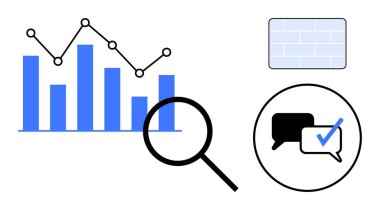 Çubuk grafik, bağlı veri noktaları, büyüteç, sohbet baloncukları, kontrol işareti ve ızgara deseni. Analiz, strateji, veri iletişimi takım çalışması işbirliği araştırması için idealdir.