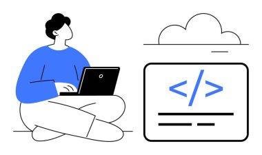 Yazılım geliştirme, bulut hesaplama, kodlama eğitimi, teknolojik yenilik, dijital depolama, programlama. Laptop kullanan kişi, kod sembollü bulut. Yazılım geliştirme ve bulut hesaplama kavramı