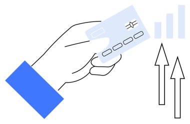 Dijital ödeme konsepti. Bir el, büyüyen okları olan bir kredi kartını tutar. Dijital ödeme sorunsuz işlemleri, ekonomik büyümeyi ve ekomünikasyon genişlemesini kolaylaştırır. Uygun.