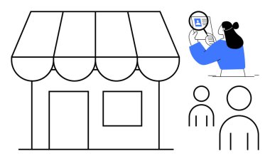 Kimlik doğrulaması. Grafikler bir mağaza önü, müşteriler ve kimlik belgelerini analiz eden bir profesyonel gösteriyor. Kimlik doğrulama güvenli işlemleri sağlar. Fintech için ideal, küçük