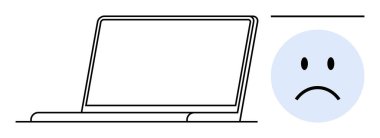 Laptop hatası. Üzücü bir yüz ikonu olan, teknoloji hatası tasvir eden bir dizüstü bilgisayar taslağı. Laptop hatası iş verimliliğini ve işlevini etkiler. Teknik destek, sorun giderme, bilişim sorunları, yazılım için uygun