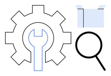 Gear and wrench for tools, box for packaging or storage, magnifying glass symbolizing exploration. Ideal for technology, mechanics, inventory, processes, search, optimization or repair themes