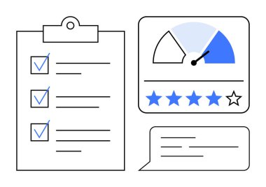 Görev yönetimi görselleri. Görev yönetimi kontrol listesi, performans derecelendirme ölçeği ve geri bildirim sohbet balonu. Üretkenlik, organizasyon araçları, reytingler, müşteri geribildirimleri ve gösterge panelleri için ideal