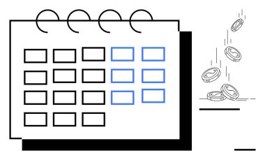 Zaman yönetimi, finansal planlama, bütçe, iş takvimi, teslim tarihleri, organizasyon. Vurgulanmış tarihler ve düşen paralarla takvim. Mali planlama ve zaman yönetimi kavramı
