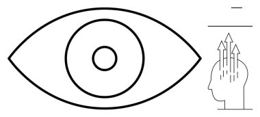 Konsepte odaklan. Okları odaklı ve bilişsel süreçleri olan bir kafanın yanında bir göz gözleminin soyut görüntüsü. Farkındalık, görme, öğrenme, yaratıcılık ve problem çözme konularına odaklan