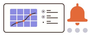 Veri izleme, analitik, iş performansı, mali raporlama, bildirimler, alarm sistemleri. Yükselen eğilim ve uyarı çanı simgesi içeren grafikler. Veri izleme ve analiz kavramı