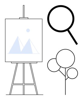 Easel üçgen dağları ve güneş resimlerini sergiliyor, büyüteç odaklamayı vurguluyor, ve yaratıcılığı ve berraklığı gösteren stilize bir ağaç. Sanat, keşif, eğitim, yaratıcılık ve odaklanma için ideal