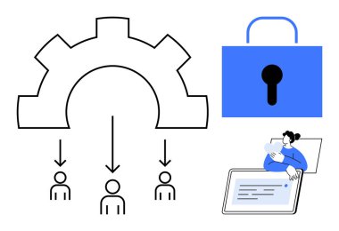 Veri güvenliği kavramı. Veri koruması bir kilit simgesi, iş akışı diyagramı ve kullanıcı etkileşimi üzerinden vurgulandı. Veri güvenliği uygulamalar, iş akışları ve sistemler için güvenli veri kullanımı sağlar