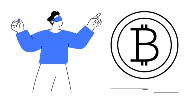 Mavili adam Bitcoin logosunu gösteren VR kulaklık kullanıyor, kripto para birimini kucaklıyor. Kripto para birimi, engelleme zinciri, finans, teknoloji, yenilik, yatırım dijital ekonomi temaları için idealdir. Basit.
