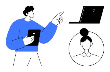 Uzaktan çalışma, dijital iletişim, çevrimiçi eğitim, teknoloji, takım işbirliği, sanal kimlik. Elinde dizüstü bilgisayarı ve kadın profil ikonunu gösteren bir tablet tutan kişi. Uzak çalışma ve dijital