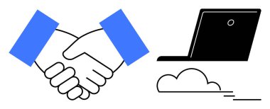 İş ortaklıkları, uzaktan çalışma, bulut teknolojisi, online işbirliği, dijital anlaşma, takım çalışması. Bir dizüstü bilgisayar ve bulut sembolünün yanında tokalaşma simgesi. İş ortaklıkları ve uzak çalışma