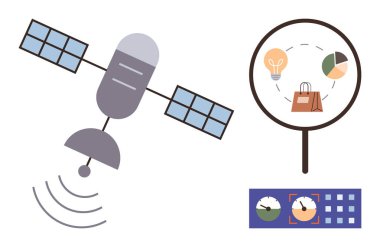 Veri transferi, teknoloji analizi, iş izleme, piyasa araştırması, yenilik, bağlantı. Uydu dalgalar gönderiyor, analitik simgelerle büyüten camlar. Teknoloji analizi
