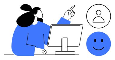 Kullanıcı arayüzü teması. UI tasarımı için profil ve mutlu simgeler içeren bir bilgisayar ekranını işaret eden bir kadın. Etkileşime, erişilebilirliğe ve kullanıcı odaklı tasarıma odaklanan kullanıcı arayüzü. Uygulamalar için, ağ