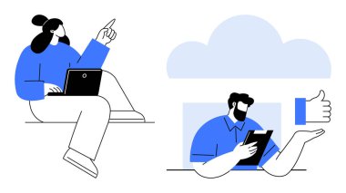 Uzaktan takım çalışması, bulut hizmetleri, işbirliği, modern iletişim, teknoloji kullanımı, dijital bağlantı. Dizüstü bilgisayarı olan bir kadın yukarıyı işaret ederken, tabletli bir erkek tepkimeye giriyor. Uzak takım çalışması