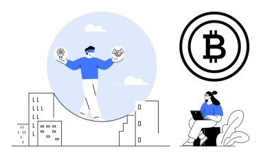 Kripto para birimi konsepti. Bitcoin, yenilik ve engelleme fikirli kripto para birimi. Kripto para birimi finansal sistemleri ve dijital işlemleri yeniden şekillendiriyor. Fintech, ticaret, küresel takas için