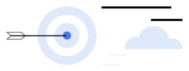 Hedef başarı, hassasiyet, başarı, iş stratejisi, odaklanma, optimize planlama. Bir ok, bulutların ve çizgilerin yanındaki hedefin tam gözüne isabet eder. Hedef başarı ve hassasiyet kavramı