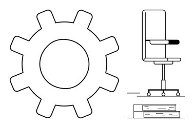 İşyeri verimliliği, verimlilik, ofis kültürü, eğitim, iş çözümleri, organizasyon. Bir vites, ofis sandalyesi ve kitaplar. İş yeri ve verimlilik
