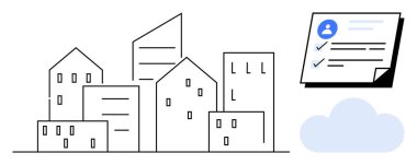Çeşitli büyüklükteki binaların yanında kontrol işaretleri ve bulut bulunan dijital profil belgeleri de var. Gayrimenkul, kentsel planlama, dijital hizmetler, bulut depolama, çevrimiçi profiller, sözleşme için ideal