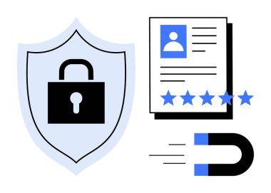 Kilit sembollü kalkan, derecelendirme yıldızlı kişisel profil, ve mıknatıs simgesi kimlik koruma temalarını vurgula, çevrimiçi mahremiyet, kullanıcı bağlılığı, siber güvenlik. Bilgi grafikleri için ideal