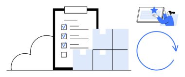 Envanter yönetimi, e-ticaret işlemleri, lojistik, kalite güvencesi, sipariş takibi, müşteri hizmetleri. Diyagram bir kontrol listesi, istiflenmiş kutular ve geri bildirim içerir. Envanter yönetimi
