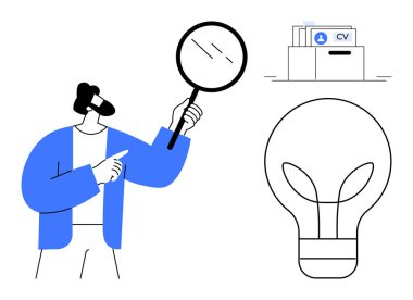 İş arama konsepti. CV klasörü ve yaratıcılık ampulüyle birlikte büyüteç araştırması yapan bir kişi. İş arama, kariyer keşfi ve yenilik kilit noktadır. İş için harika.