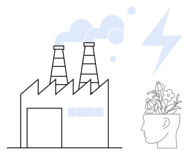 İçinde büyüyen bitkiler, sürdürülebilirlik, ekoloji, yenilik, enerji kullanımı, yaratıcılık, endüstri ve refahı vurgulayan, insan kafasının yanında duman salınımına sahip sanayi fabrikası. Çok basit.